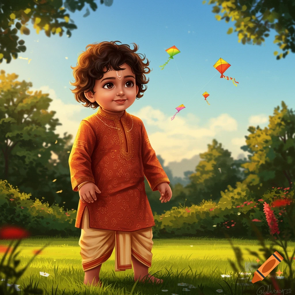 An illustration of a cute Indian toddler in traditional attire standing in a green field with kites flying in the sky.