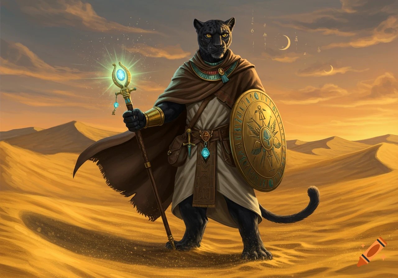A black panther-like D&D character, dressed in Egyptian-inspired attire, holding a glowing staff and shield in a desert landscape.