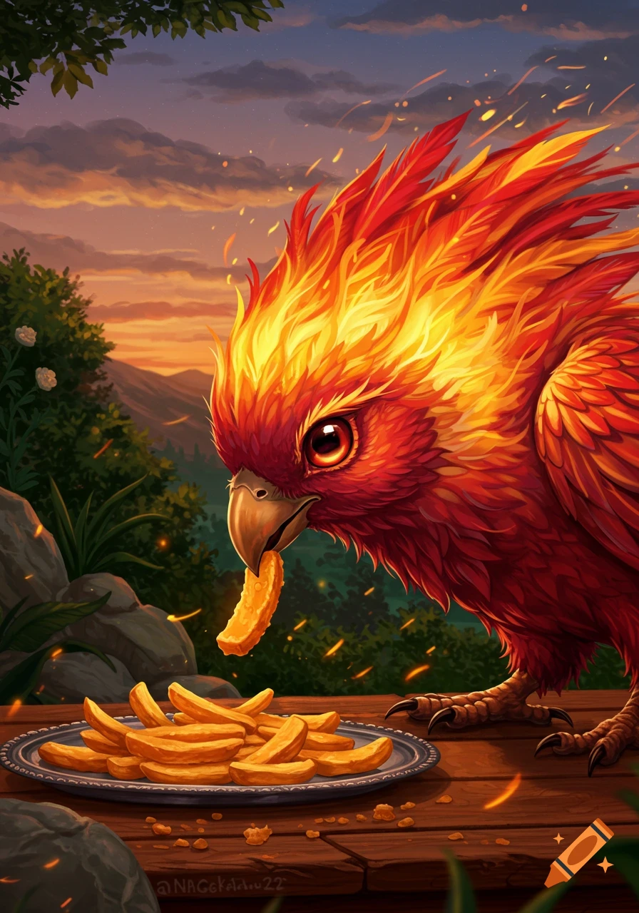 A vibrant, fiery red and orange phoenix eats a french fry from a plate on a wooden table at sunset in a lush landscape, digital art.