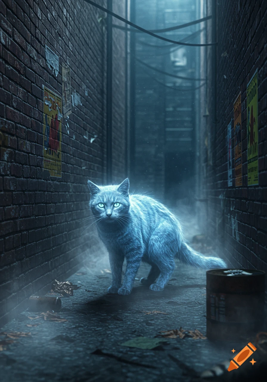 A glowing blue cat with bright green eyes stands in a dark, misty brick alleyway at night.