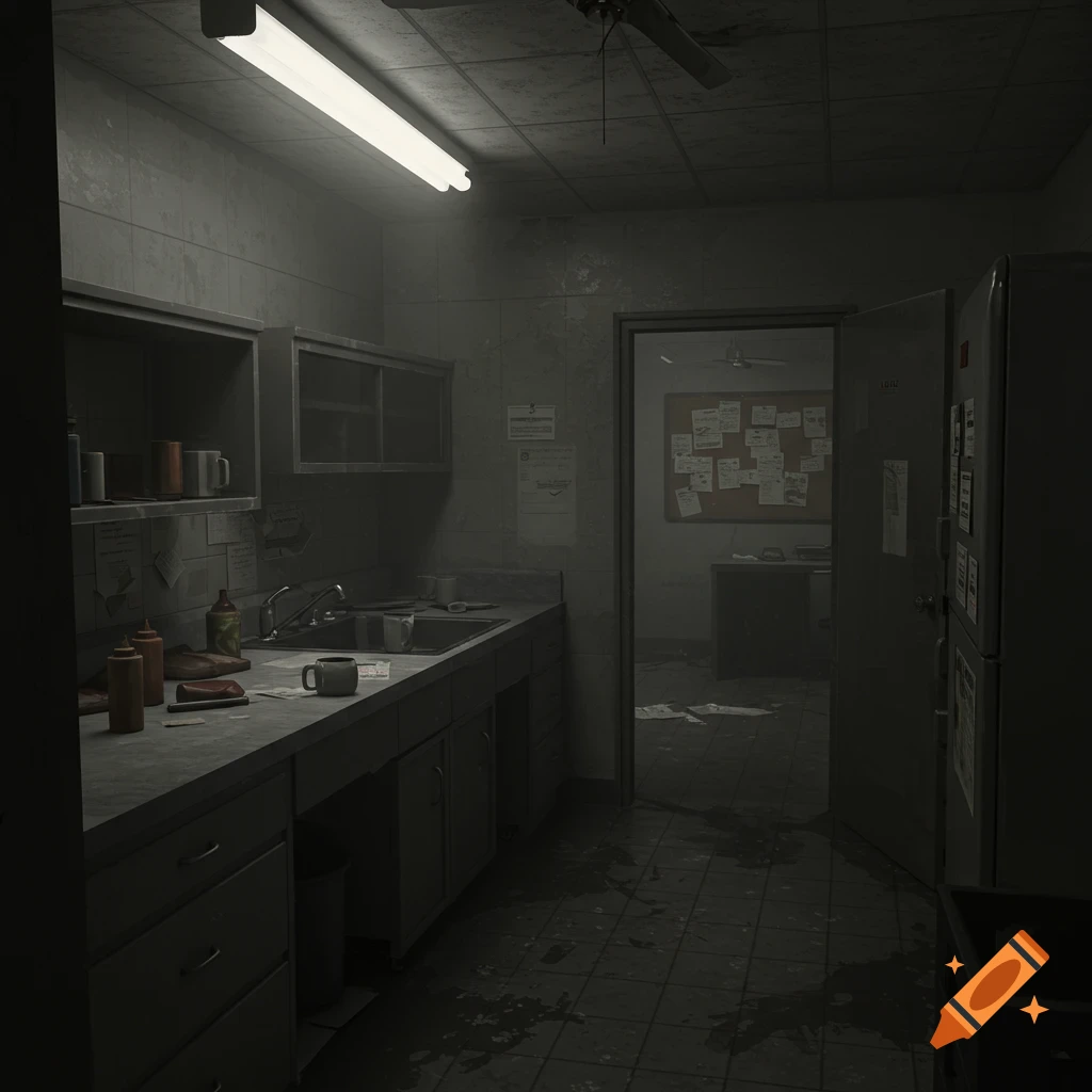 A dark and atmospheric view of a grungy, abandoned-looking office kitchen with a fluorescent light overhead, a sink, and a refrigerator, with an open door leading to another room with a corkboard.
