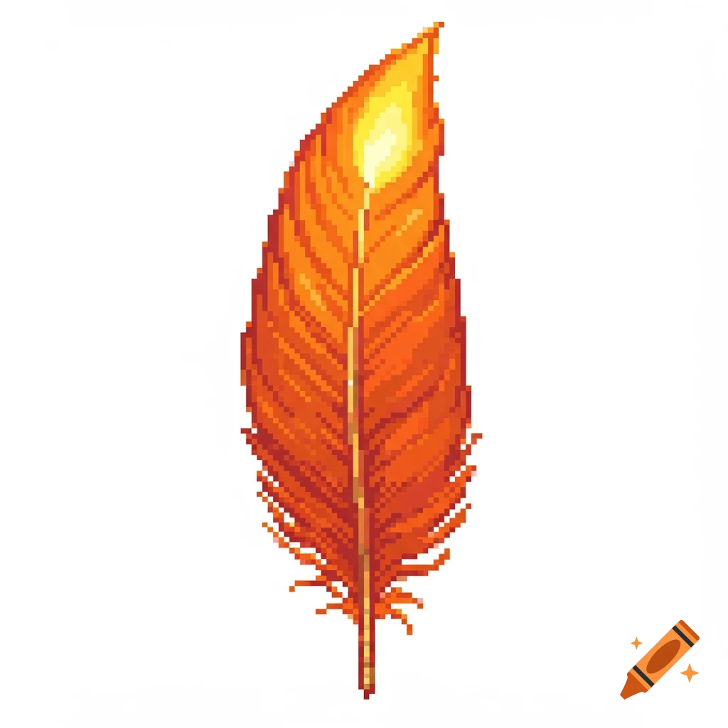 A pixel art feather, in shades of orange and yellow, on a white background.