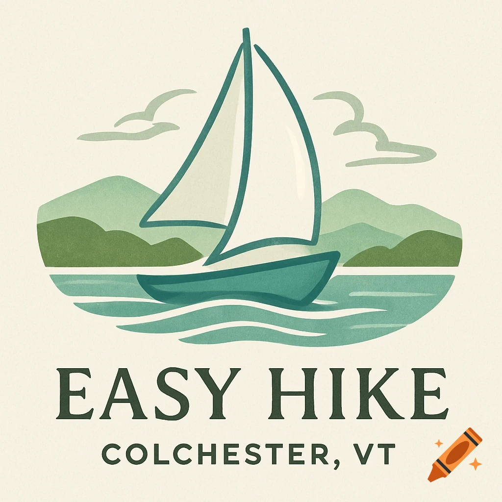 A logo featuring a sailboat on water with mountains in the background, above the text "EASY HIKE COLCHESTER, VT".