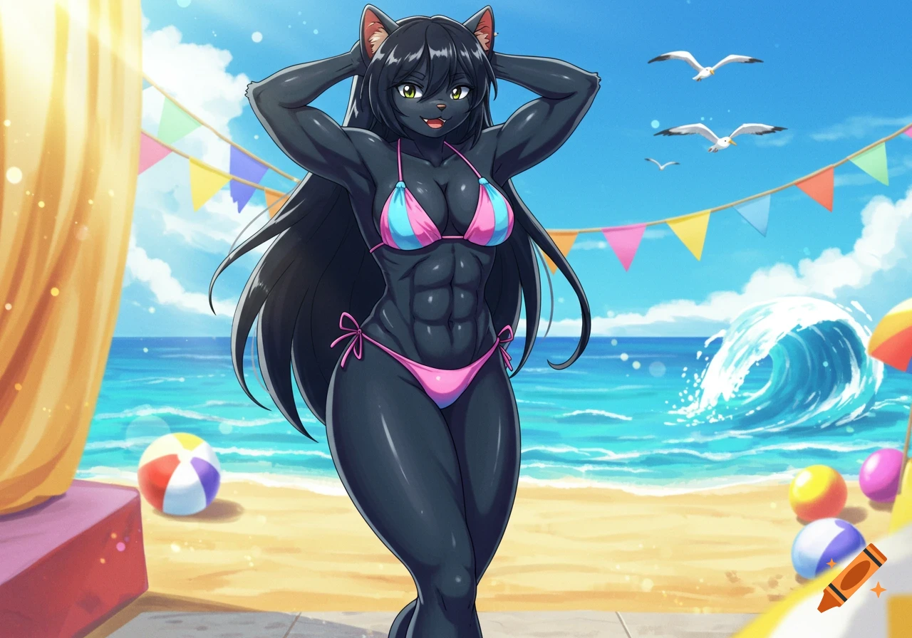 Anime-style anthropomorphic black cat in pink and blue bikini flexing at a sunny beach.