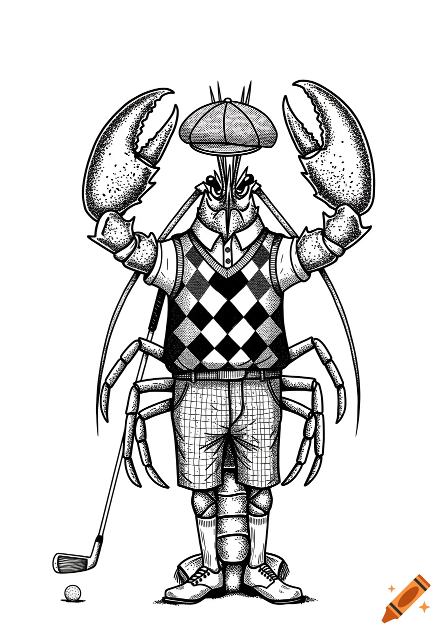 A black and white sketch drawing of a lobster dressed in argyle golf attire, holding a golf club, with a golf ball on the ground.
