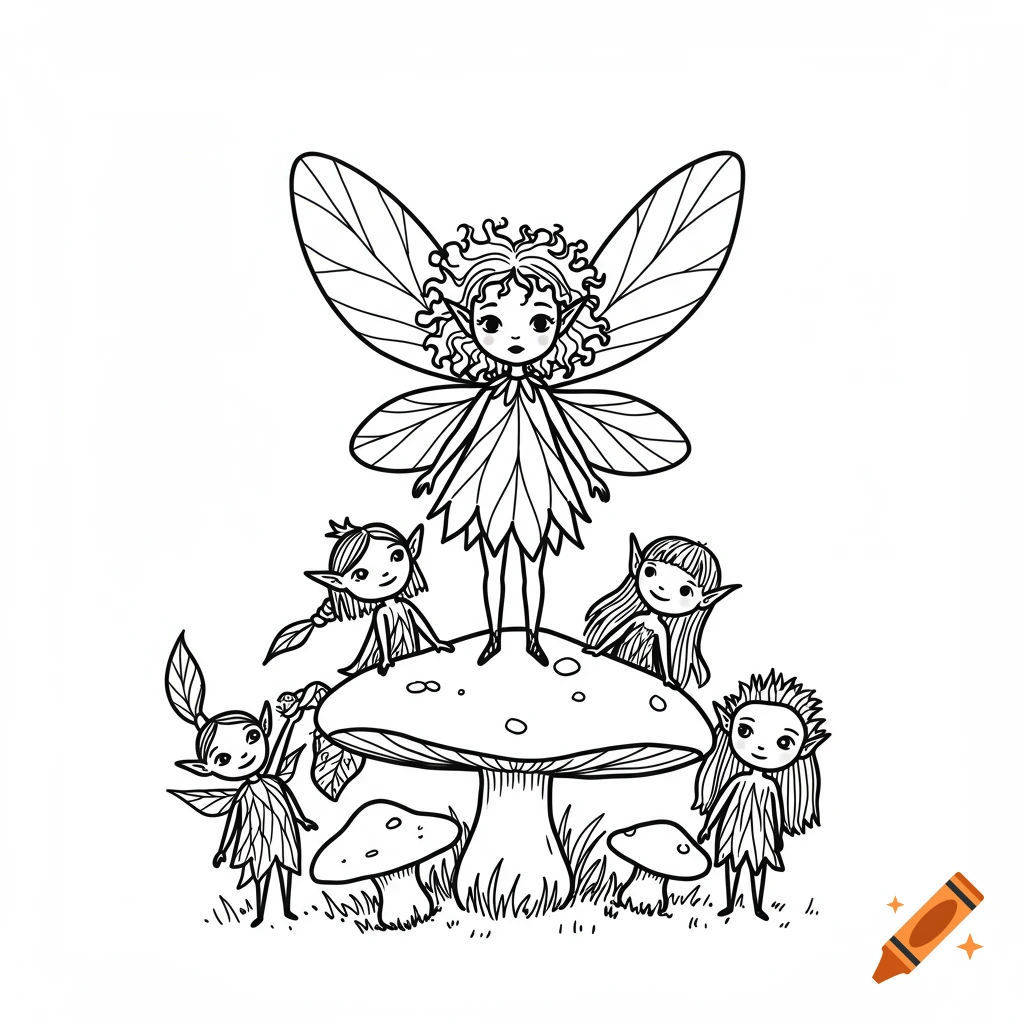 A childlike drawing of a large fairy standing on a mushroom surrounded by four smaller fairies.