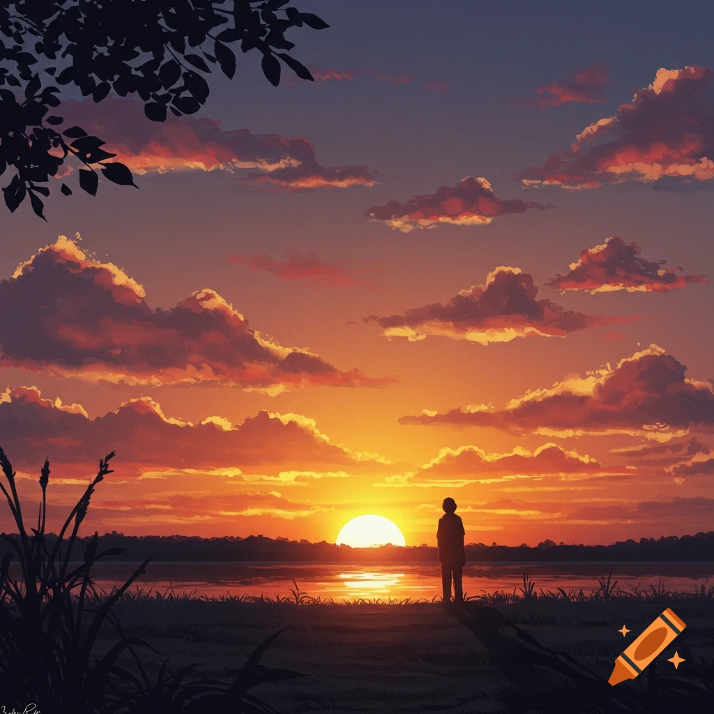 Digital painting of a person silhouetted against a vibrant orange and purple sunset over a lake, with foreground foliage.