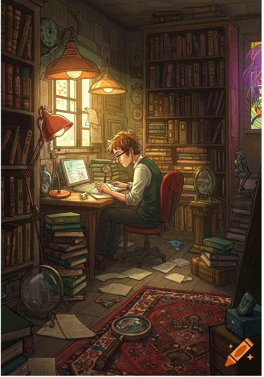 An illustrated young male researcher with glasses sits at a cluttered desk in a dimly lit book-filled room, typing on a laptop with papers scattered around.