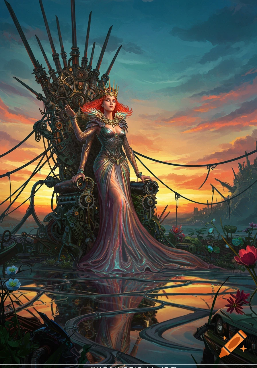 A red-haired queen in an iridescent gown sits on an ornate mechanical throne, surrounded by water reflecting a vibrant sunset over a ruined landscape.