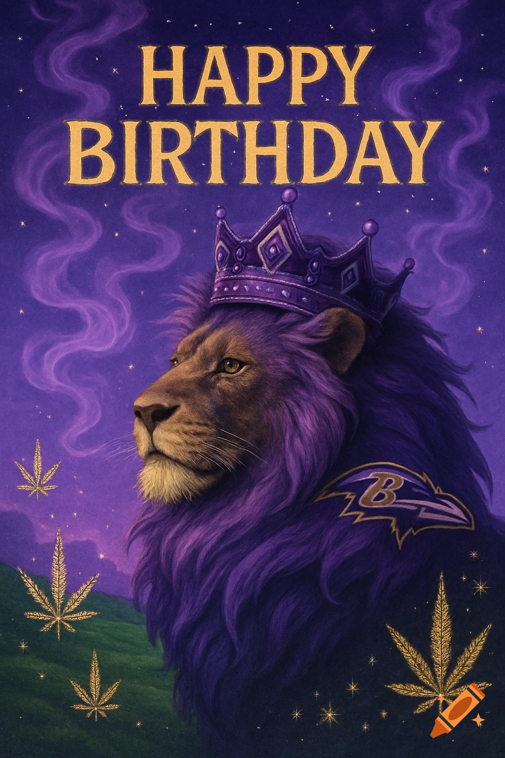 A majestic purple-maned lion wearing a crown, with the Baltimore Ravens logo on its shoulder, surrounded by golden marijuana leaves and a starry purple sky. The words "HAPPY BIRTHDAY" are at the top in gold.