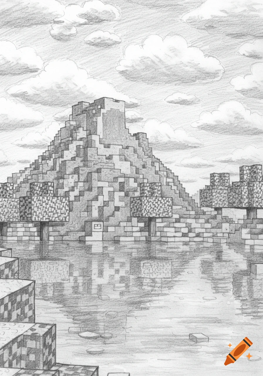 Black and white pencil drawing of a Minecraft-style landscape with blocky mountains, trees, and water under a cloudy sky.