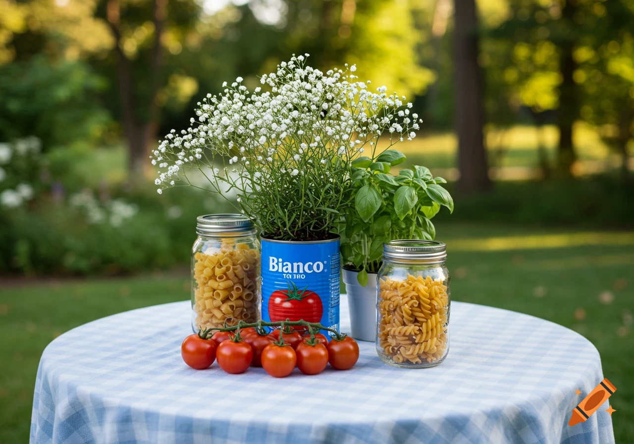A still life arrangement on a blue and white checkered tablecloth outdoors. It features jars of pasta, cherry tomatoes on the vine, a blue Bianco tomato can with white baby's breath flowers, and a potted basil plant.