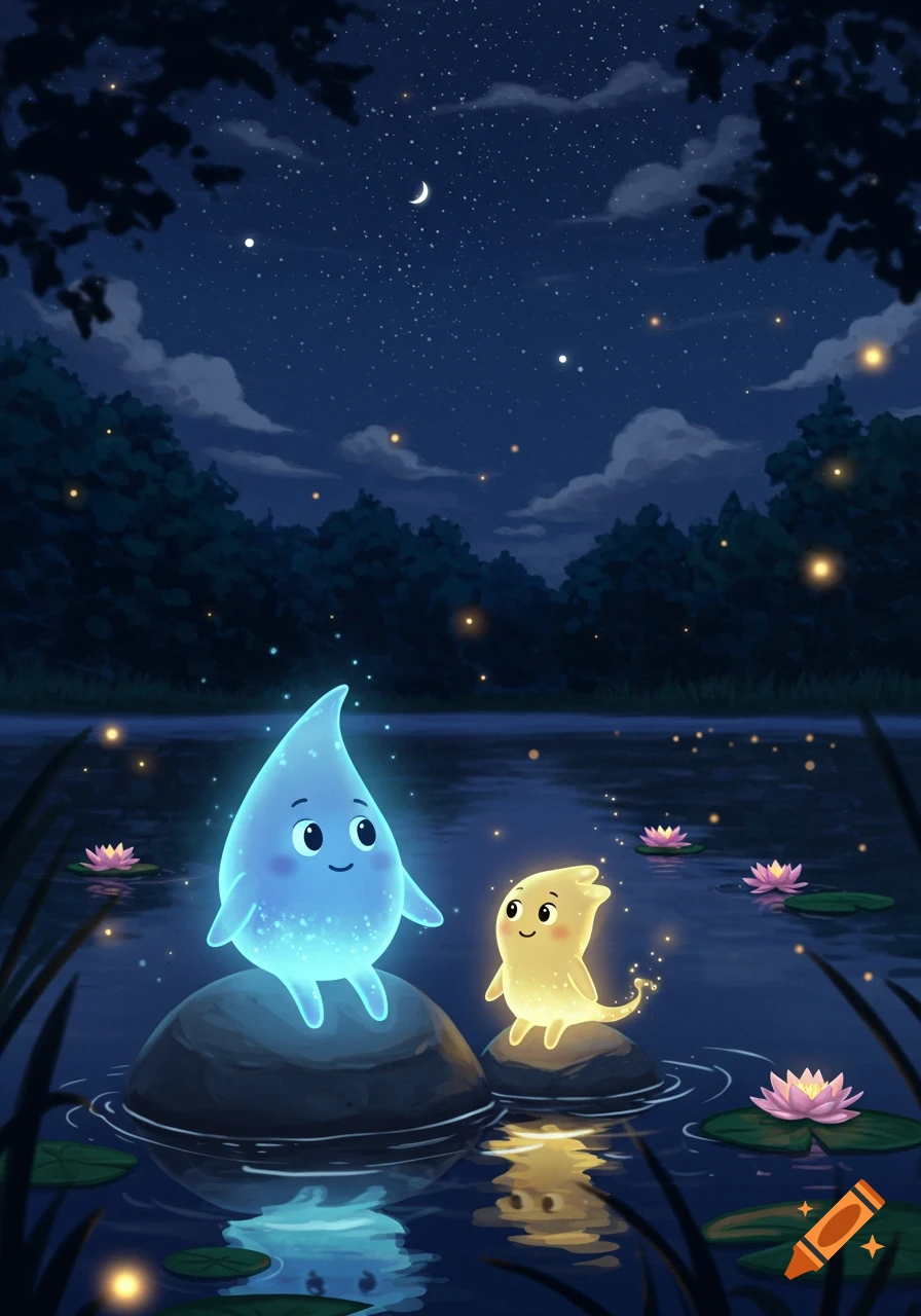 Cute glowing water droplet characters on rocks in a serene lake at night with water lilies and stars, digital art style.