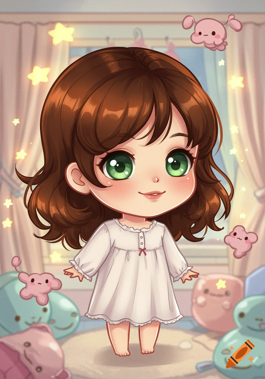 A cute chibi anime girl with brown hair and green eyes, wearing a white nightgown, standing in a room with stars and cartoon creatures.