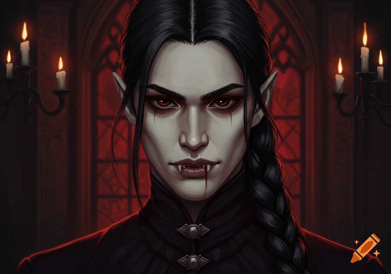 Digital painting of a pale-skinned vampire with dark eyes, fangs dripping blood, and long black braided hair in a gothic candlelit room.