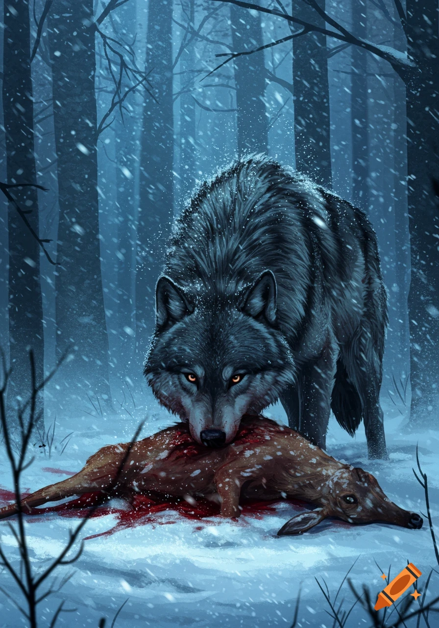 A fierce wolf with glowing eyes stands over a bloody deer carcass in a snowy, dark forest at night.