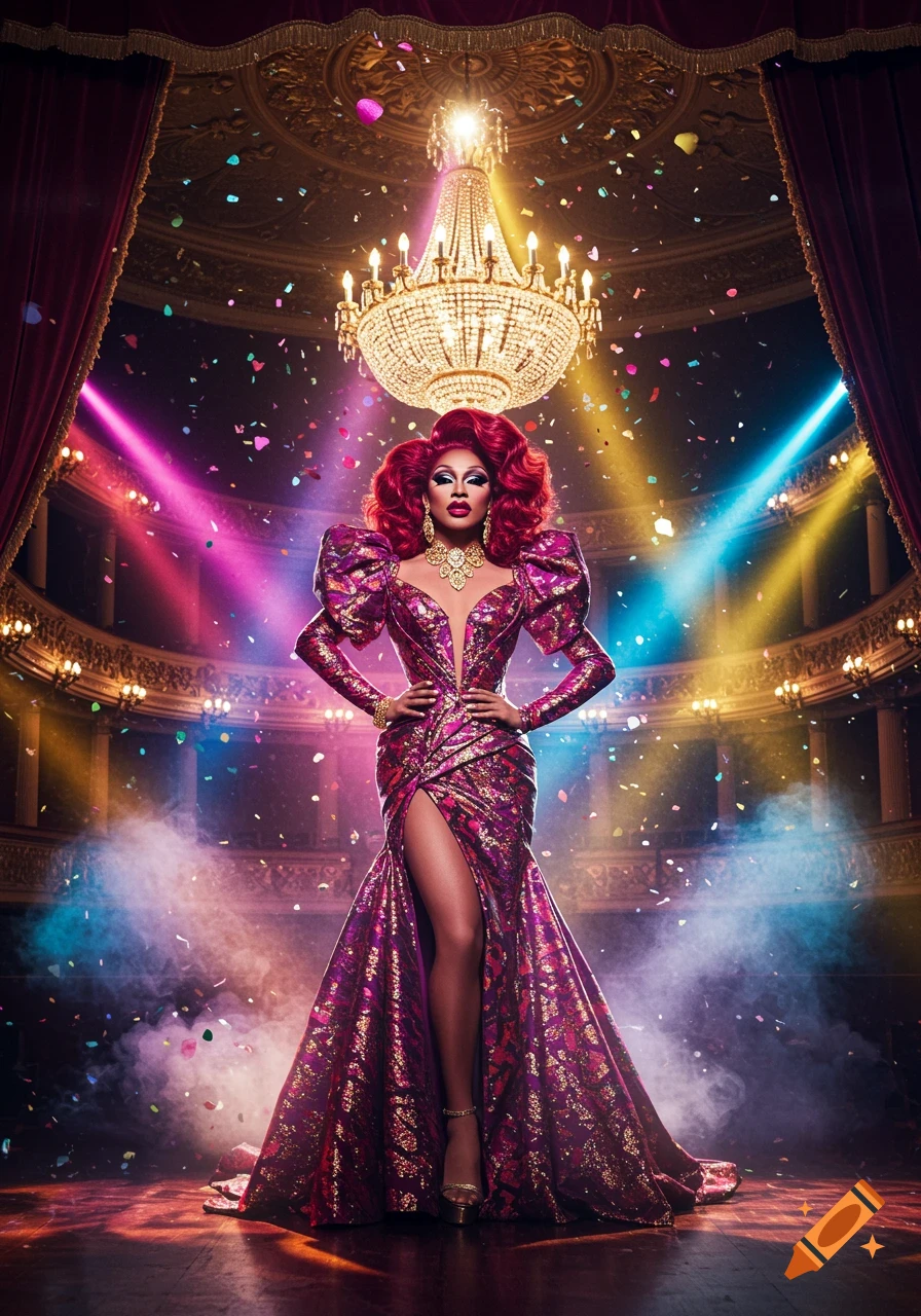 A drag queen in a sparkling purple gown on a stage with a chandelier, spotlights, and confetti.