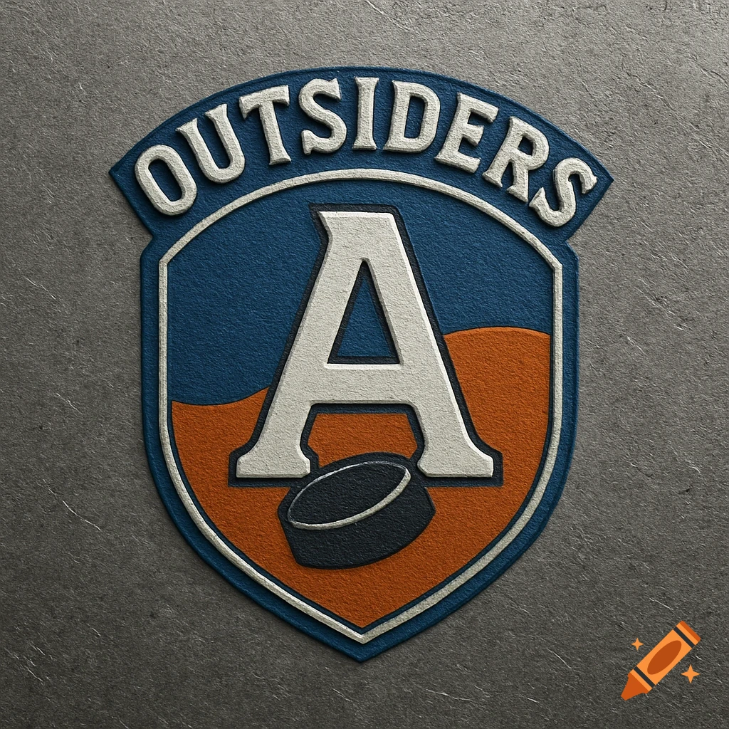 Embossed hockey logo for 'OUTSIDERS' team. Shield with blue and orange halves, white 'A' and hockey puck, teal outline on grey background.