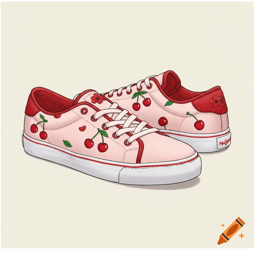 A pair of light pink low-top canvas sneakers with red cherry fruit patterns, red trim, and white laces.