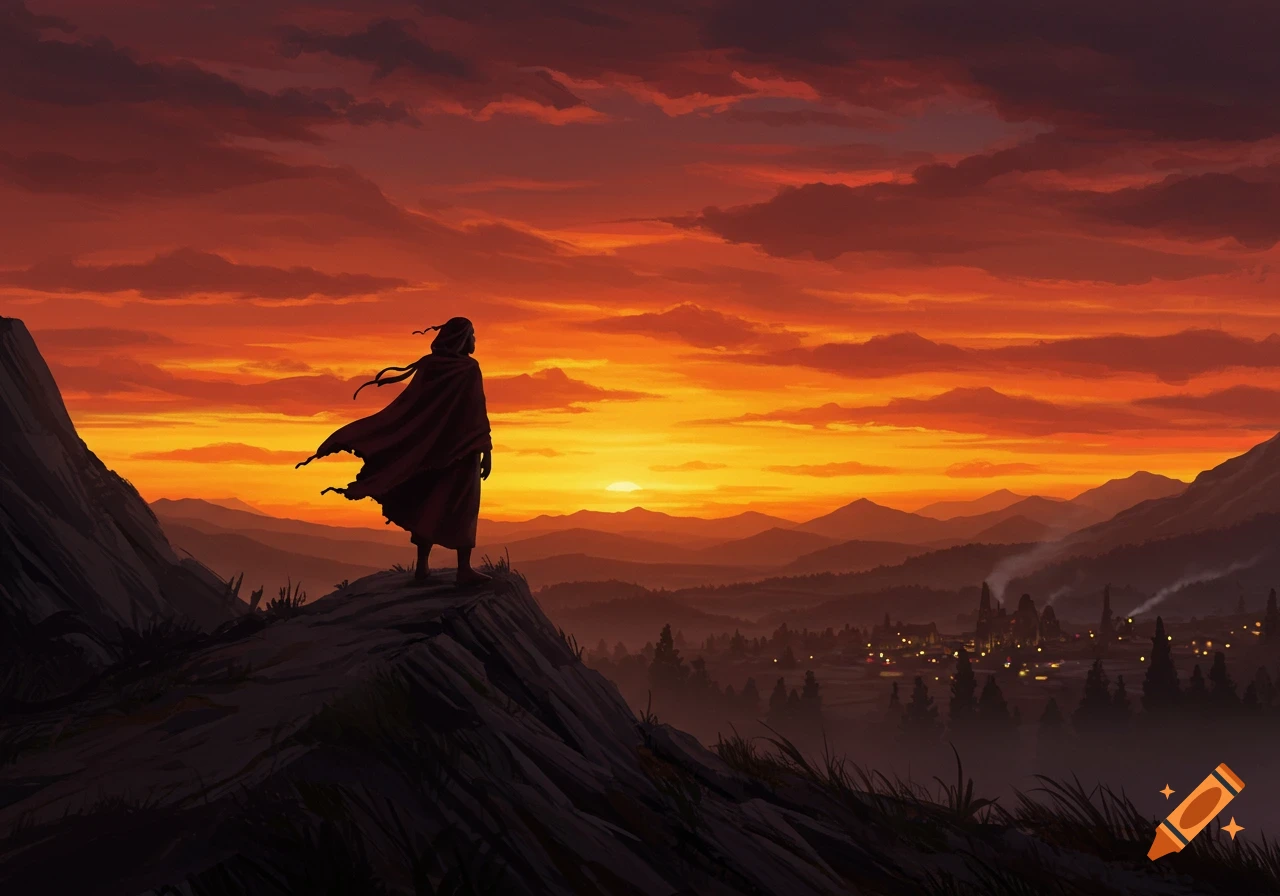 A cloaked figure stands on a rocky cliff overlooking a vast mountain landscape and a small town, silhouetted against a vibrant orange and red sunset.
