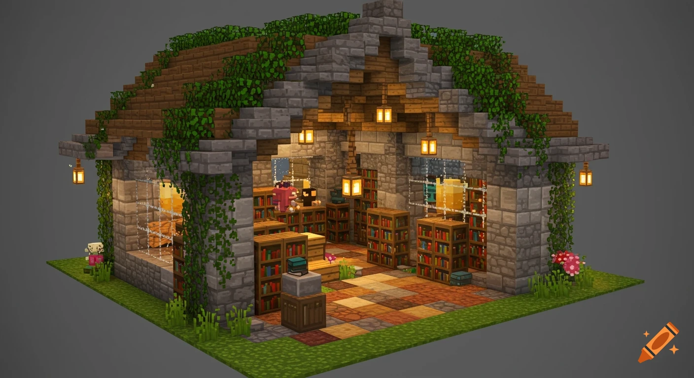 A detailed Minecraft-style build of a cozy, moss-covered stone and wood library with bookshelves, lanterns, and a checkered floor.