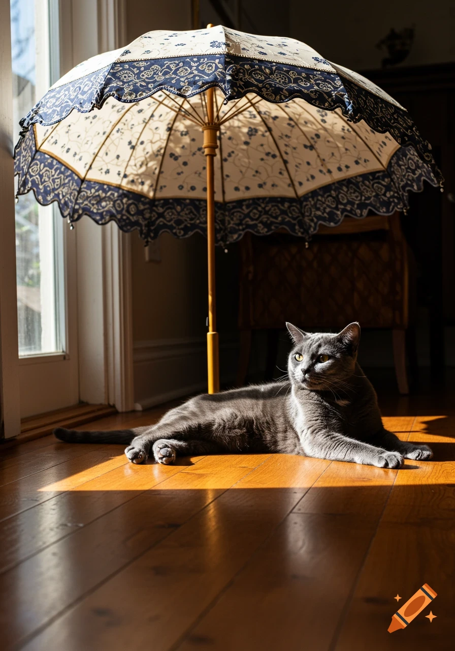 A photorealistic solid grey cat lies on a sunlit wooden floor under a white and blue patterned umbrella.