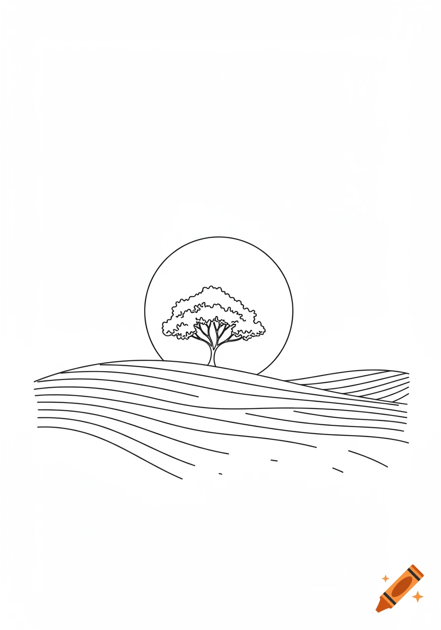 A minimalist line art drawing of a single tree on rolling hills with a large circle behind it, representing the sun or moon.