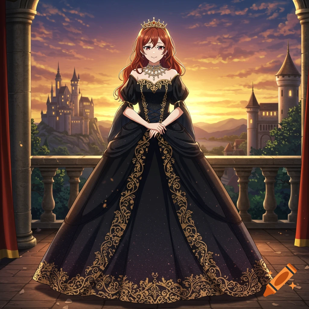 Anime princess with long reddish-brown hair and a crown, wearing an elaborate black and gold royal dress, standing on a balcony overlooking a castle at sunset.