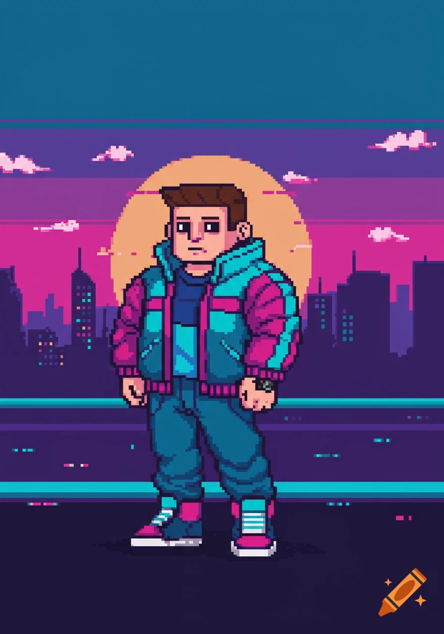 A pixel art character in a vibrant 80s-style outfit, standing against a cityscape sunset with a large orange sun.