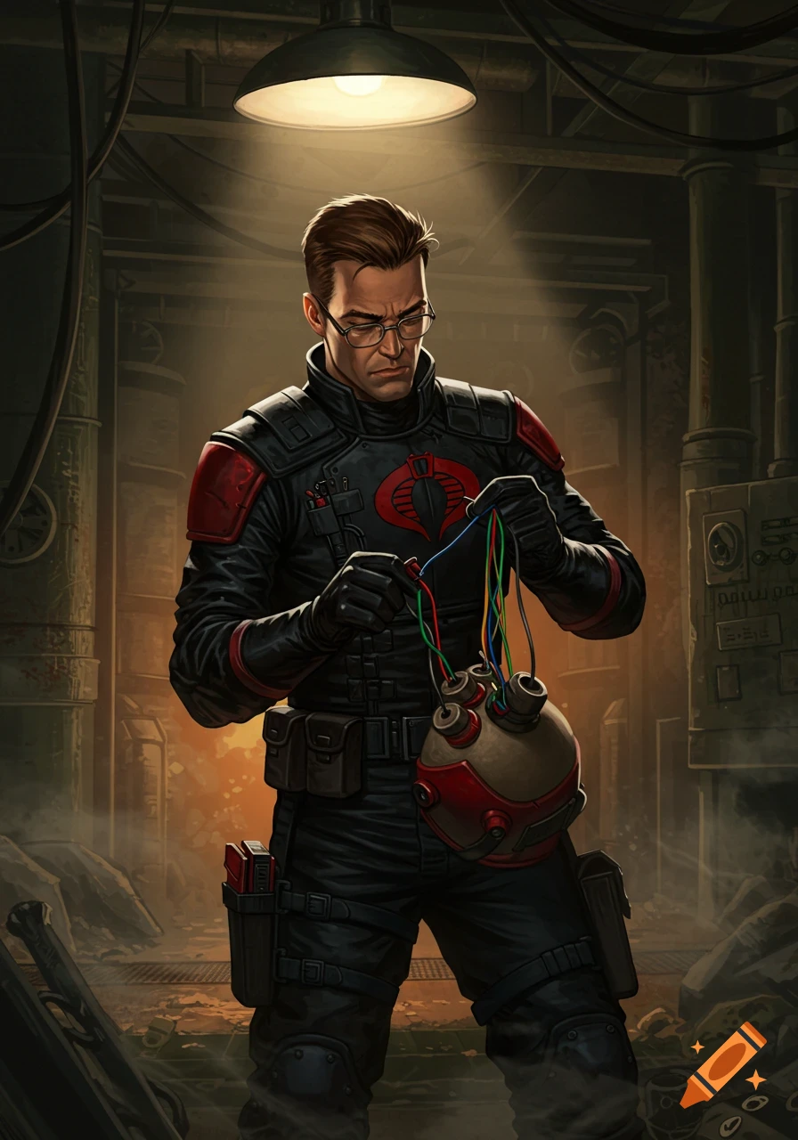 A man in a black and red suit with a Cobra logo and glasses wires a device under a single light in a dark, industrial room.