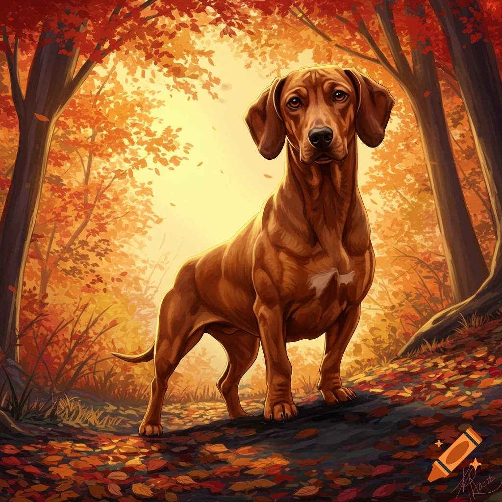 A brown dog stands amidst colorful autumn leaves in a sunlit forest, illustrated in a vibrant style.