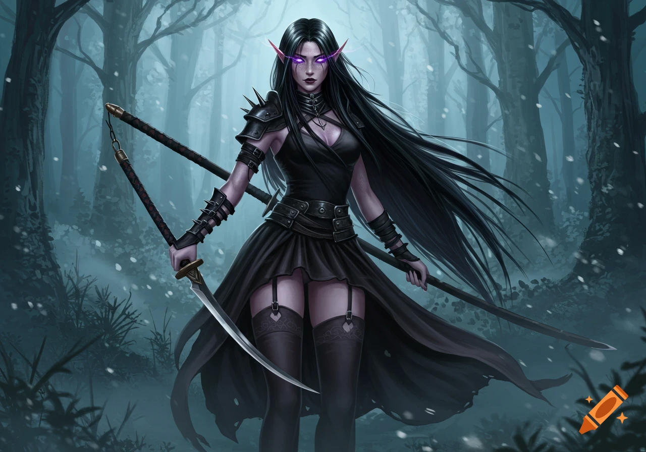A dark elf woman with long black hair and glowing purple eyes stands in a snowy, mystical forest, holding a curved sword and a staff. She wears a black dress, stockings, and gothic armor.