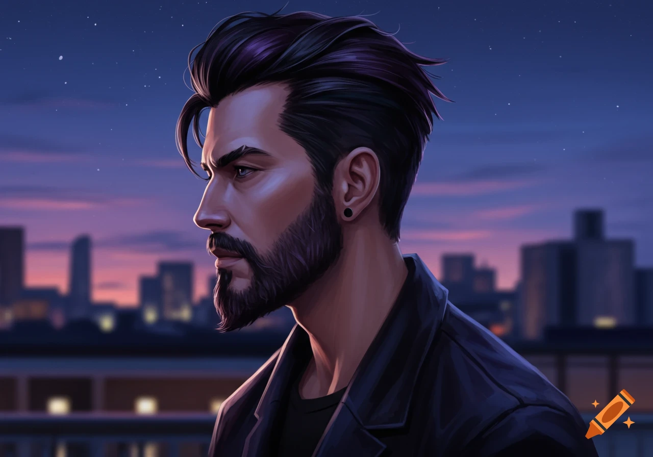 A stylized digital art portrait of a man with dark hair and a beard, in profile against a city skyline at dusk.