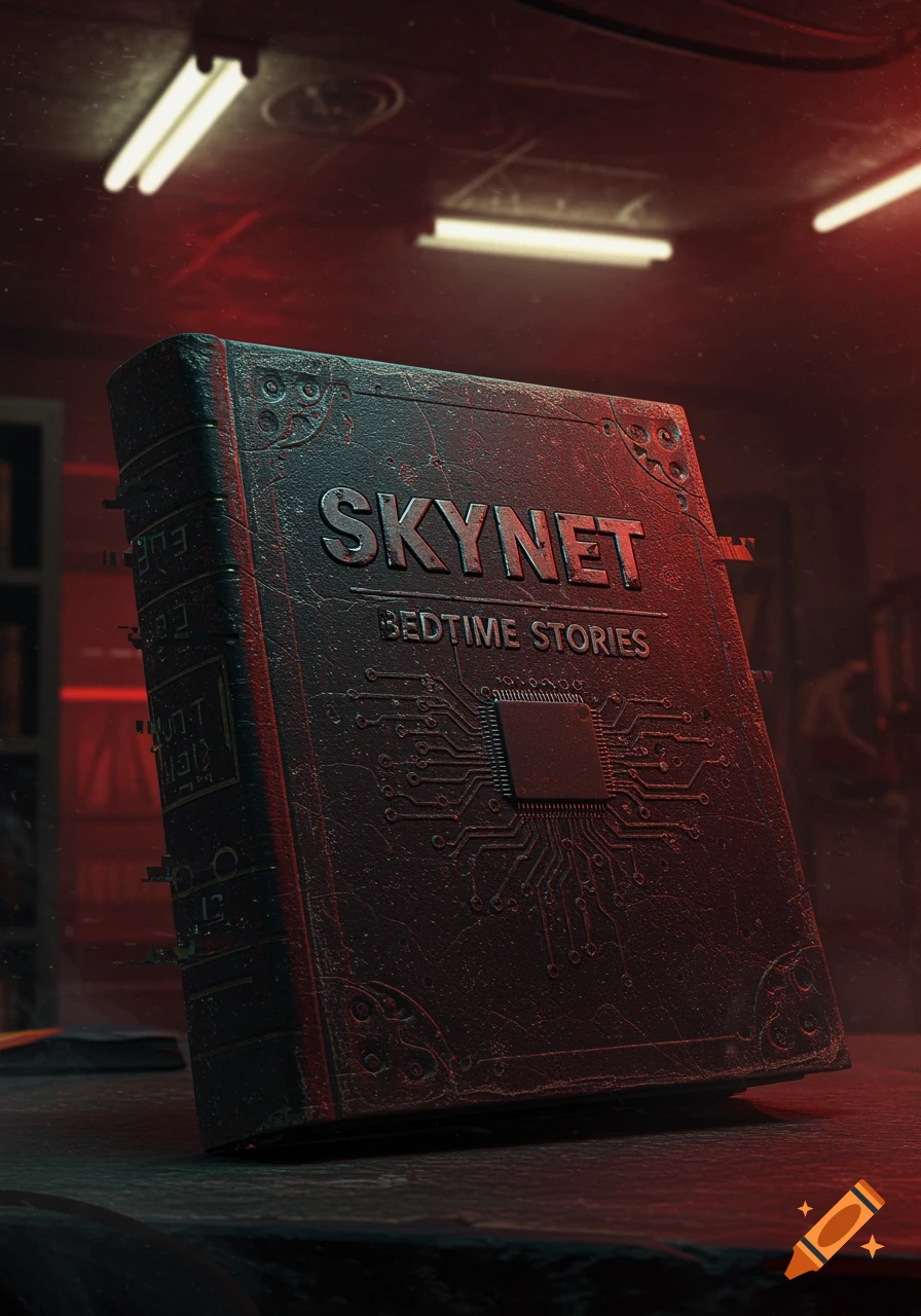 A dark, gritty book titled "SKYNET BEDTIME STORIES" with a circuit board design, set in a dimly lit, red-hued industrial room.