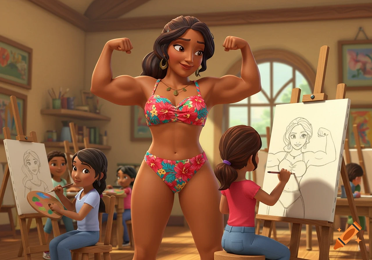 A cartoon woman with strong muscles in a floral bikini flexes as children draw her in an art class.