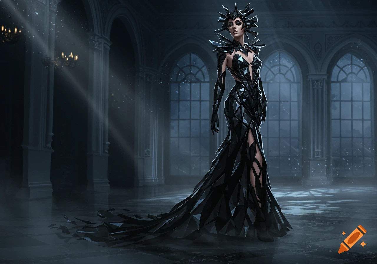 A woman in a black geometric glass dress stands in a grand, dark hall with arched windows and light rays.