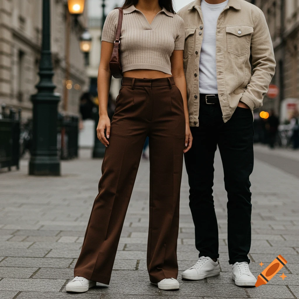 Fashion shot of a woman in a cropped beige knit polo and brown wide-leg trousers with a man in a beige corduroy jacket on a city street.