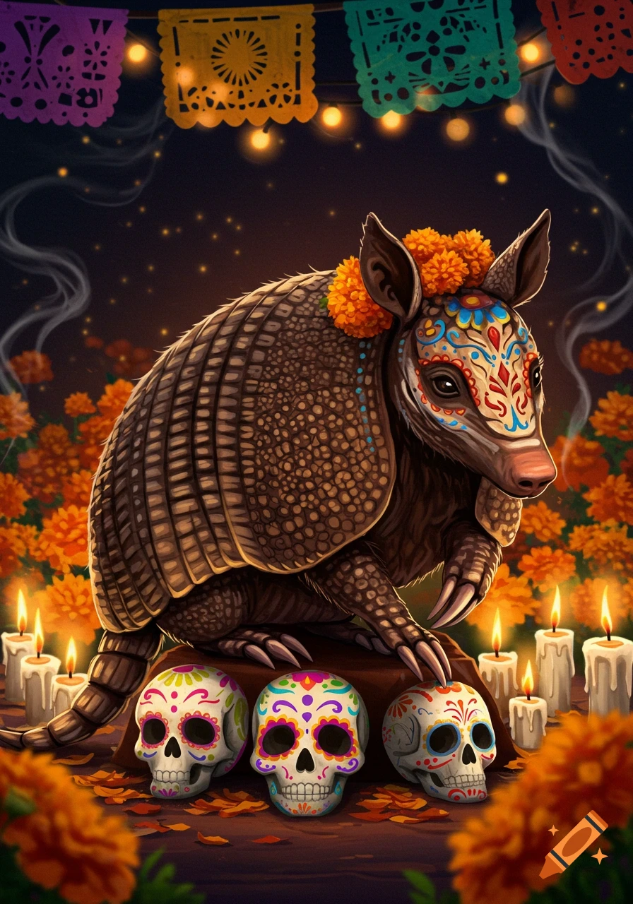 An armadillo with a colorful sugar skull face painting sits among marigolds and candles under papel picado banners, in a festive Dia de los Muertos setting.