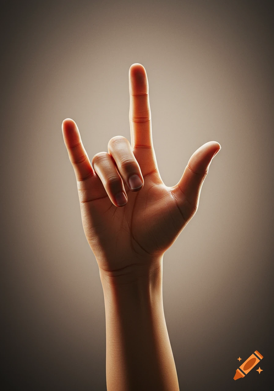 A hand making the rock and roll or 'I love you' sign against a dramatic, gradient background.