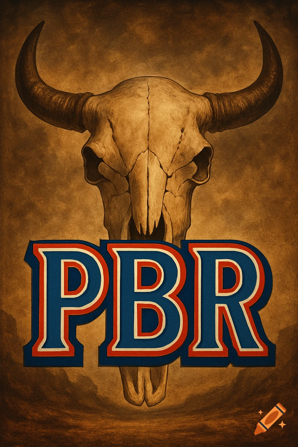 A rustic image of a bull skull above a large red and blue 'PBR' logo.