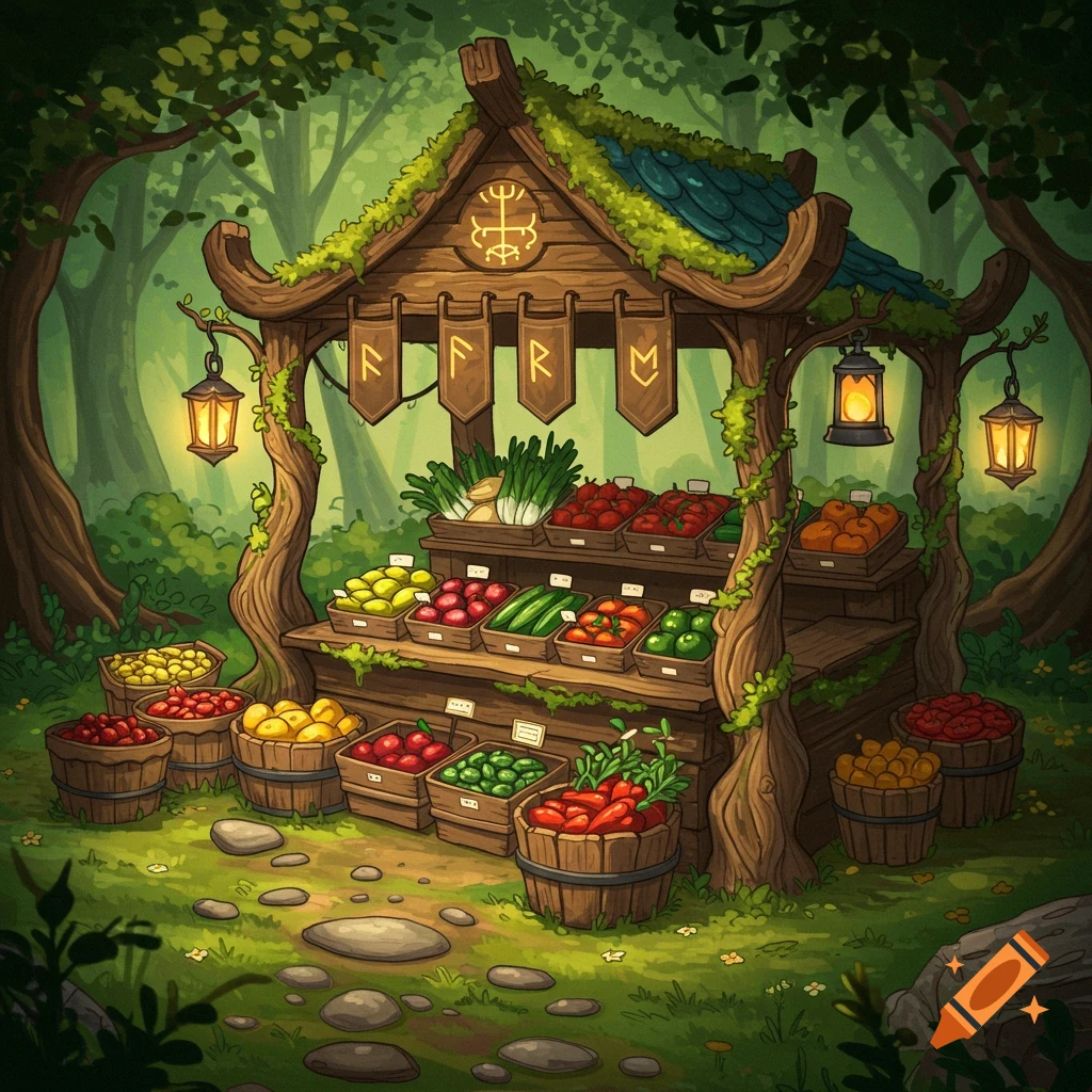 A whimsical farm stand laden with fresh fruits and vegetables in a lush, mossy forest, featuring lanterns and rune-like symbols.