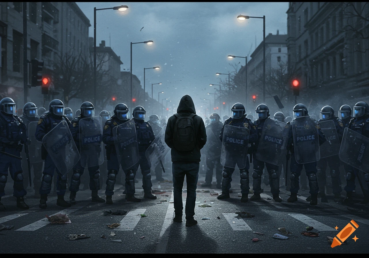 A lone figure in a hoodie stands with their back to the viewer, facing a line of riot police on a city street at dusk.