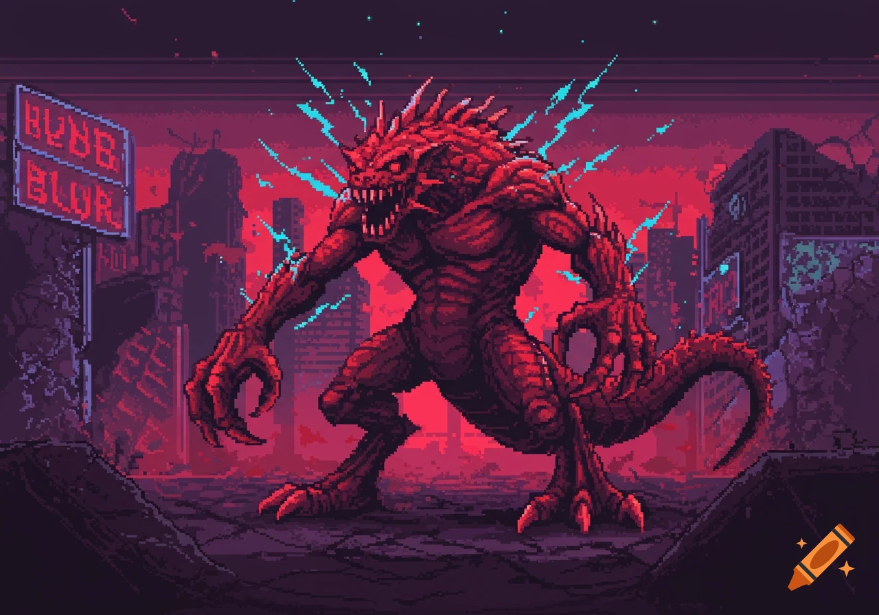 Pixel art of a large red monster emitting blue energy, standing in a destroyed city under a red sky.