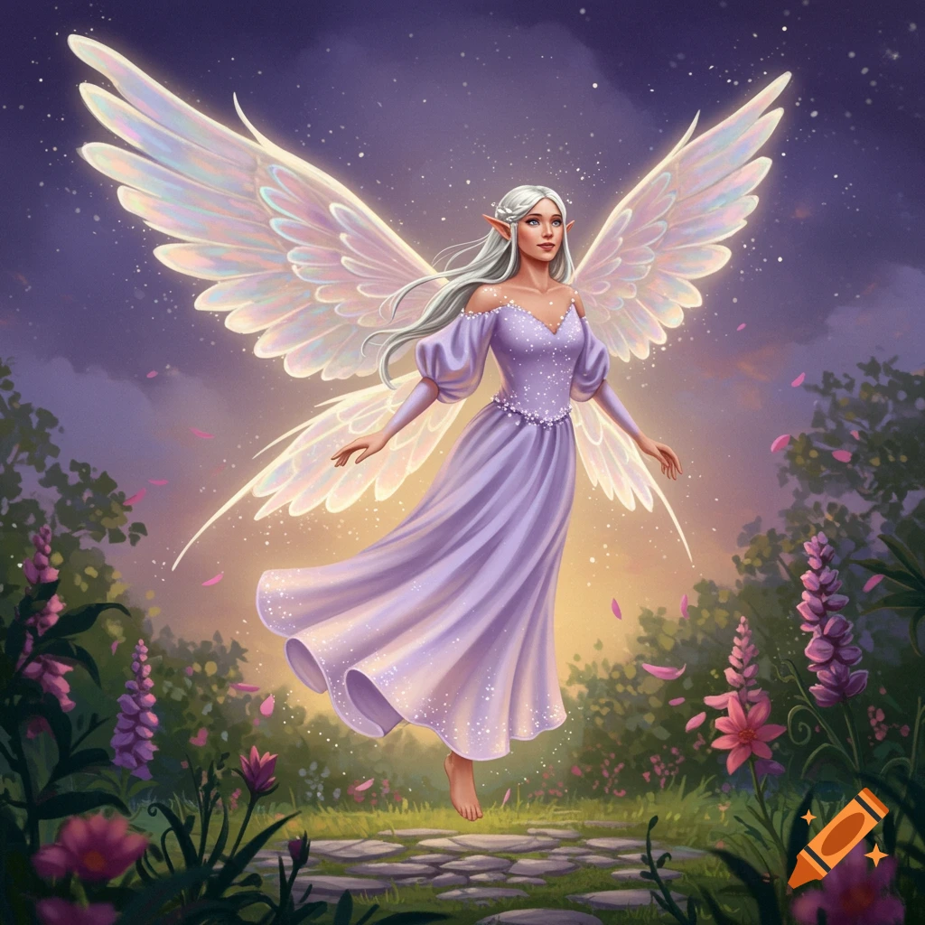 A beautiful fairy with white hair and large iridescent wings floats in a magical garden at dusk, wearing a flowing purple dress.