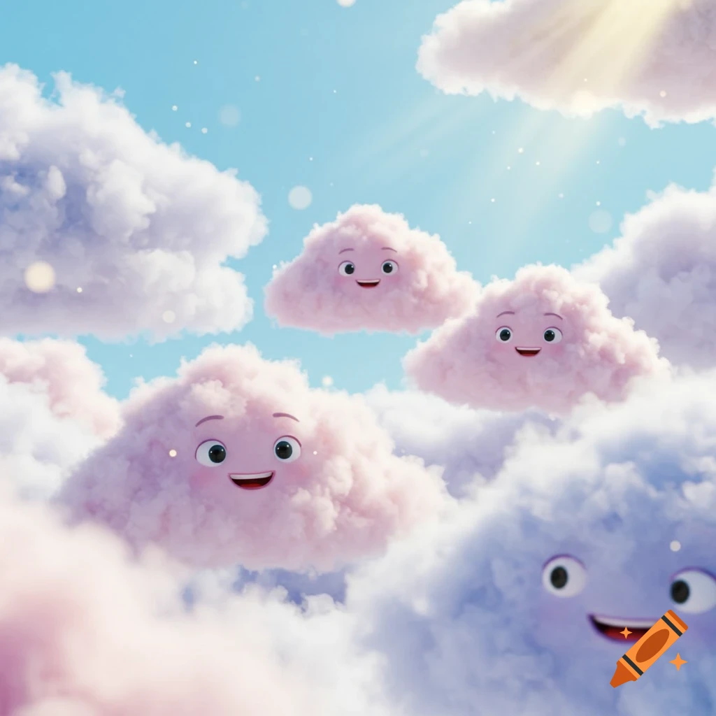 Cute animated pink clouds with smiling faces floating in a blue sky with sunbeams.
