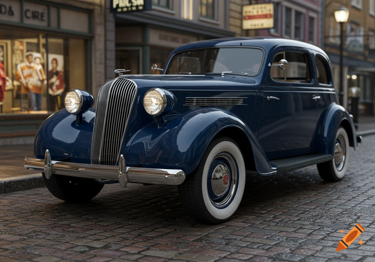 A photorealistic image of a dark blue vintage car with whitewall tires parked on a cobblestone street in front of shops.