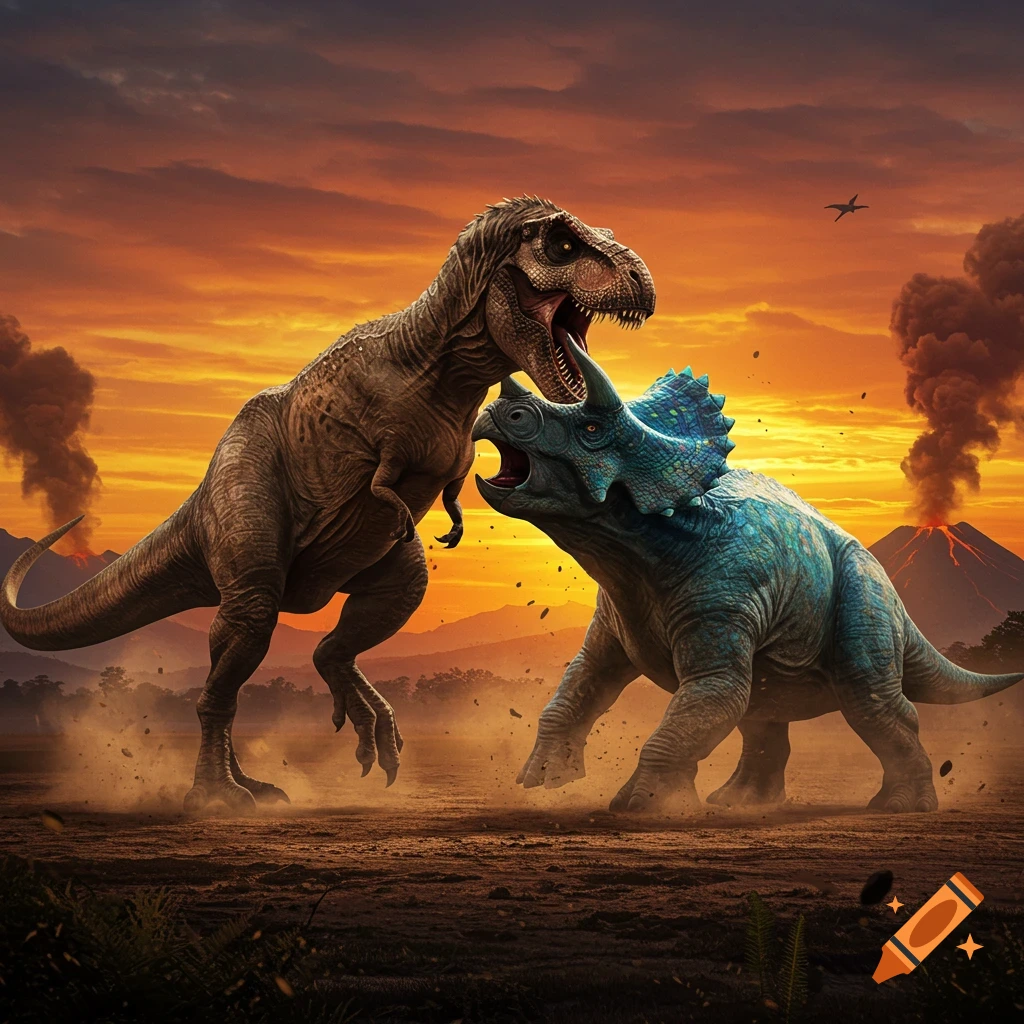 A T-Rex attacks a Triceratops in a dramatic prehistoric landscape with erupting volcanoes at sunset, dust flying.