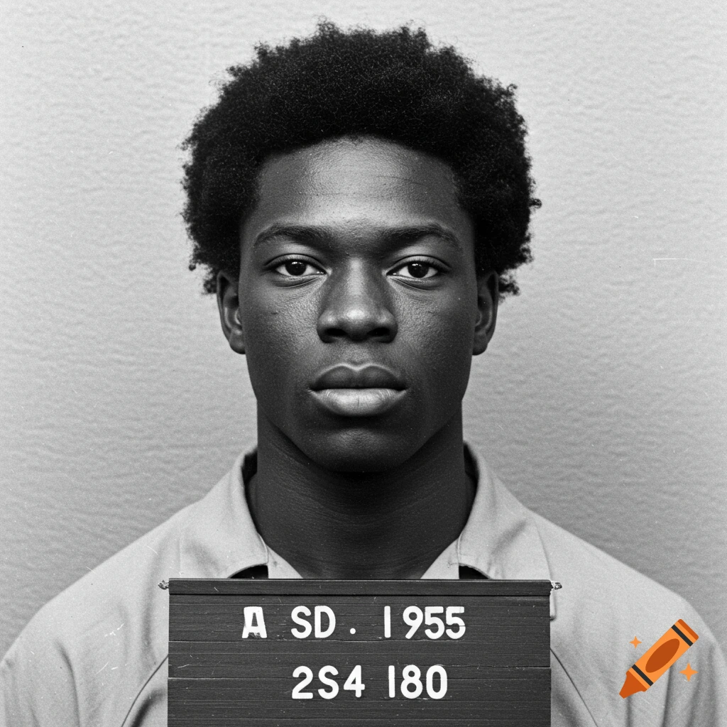 Black and white mugshot of a young Black man with an afro, looking directly at the camera, holding a number board.