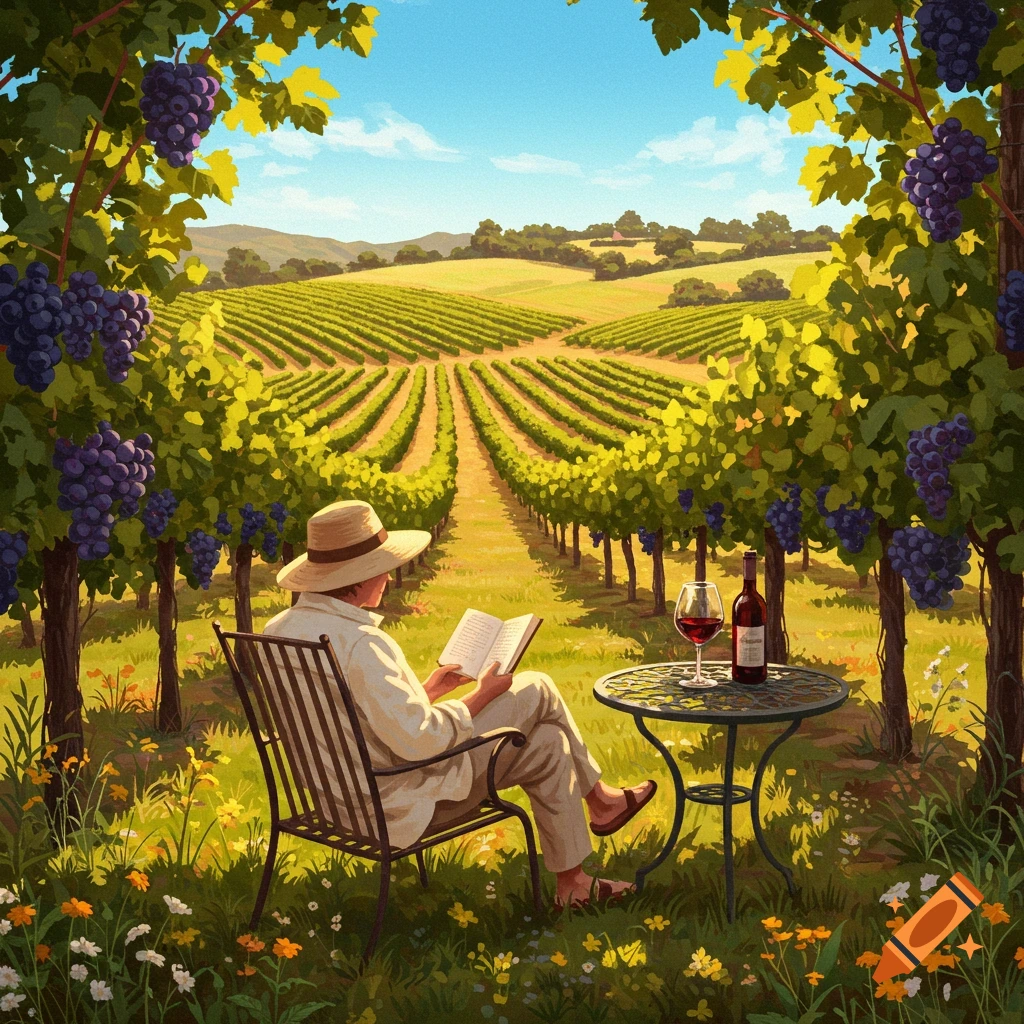 Illustrative image of a person reading a book in a sunlit vineyard with rows of grapevines and wine on a table.