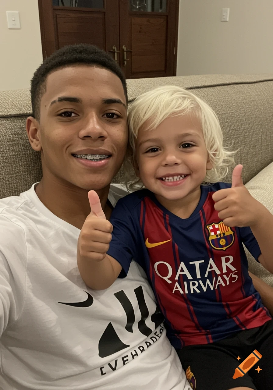A smiling young Black man with braces and a buzzcut sits on a couch, holding a blonde-haired toddler wearing a Barcelona soccer jersey. Both give thumbs up.